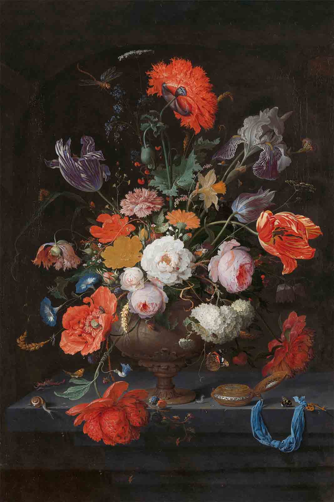 Stilleven met bloemen en een horloge - Abraham Mignon