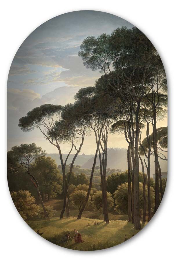 Muurovaal Italiaans landschap met parasoldennen