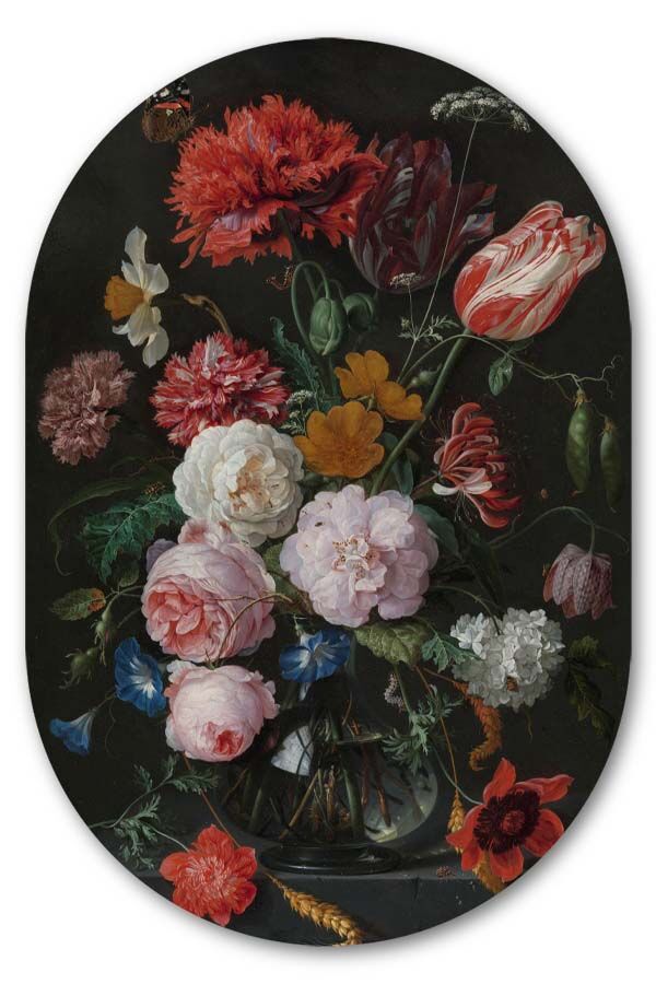Muurovaal Stilleven met bloemen in een glazen vaas